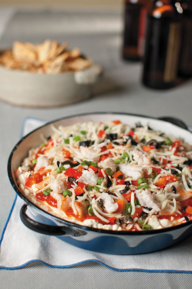 baked catfish dip in blue pan