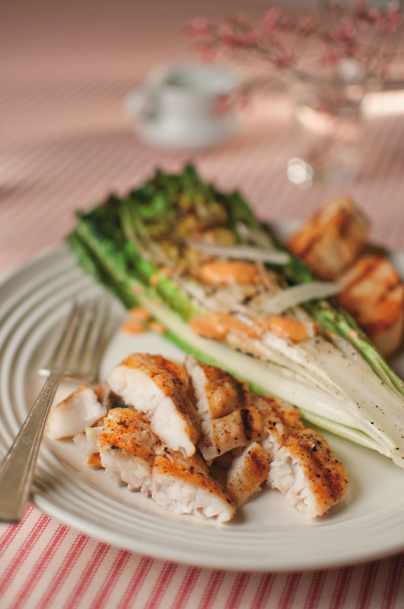 Grilled Catfish with Charred Romaine & Chipotle Dressing