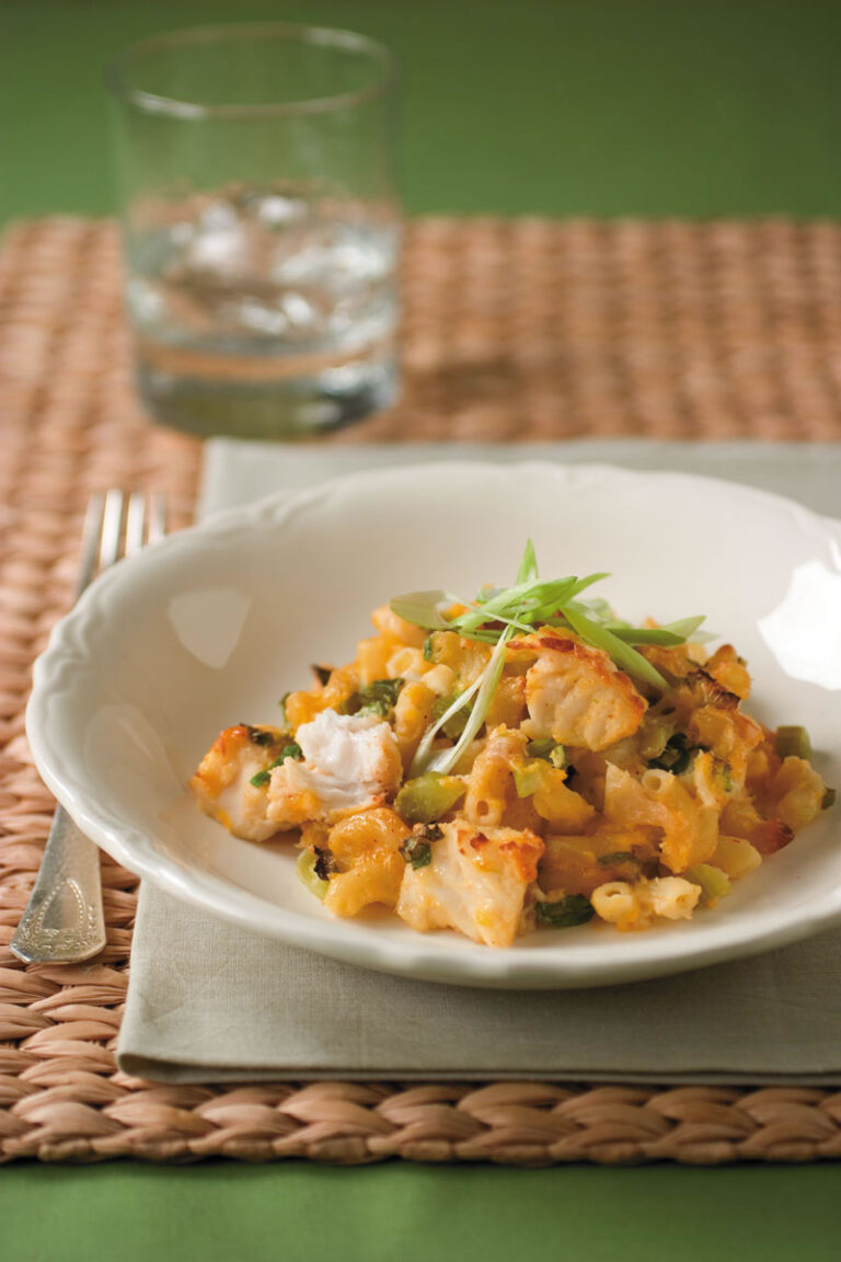 catfish casserole plated on straw placemat