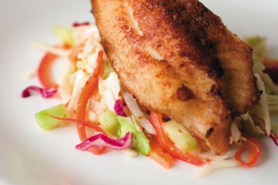 Baked Cinnamon Chipotle Catfish with Sweet Pepper Slaw