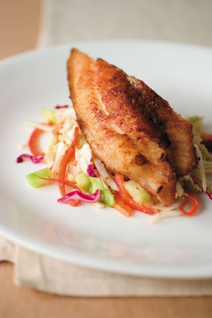 Baked Cinnamon Chipotle Catfish with Sweet Pepper Slaw