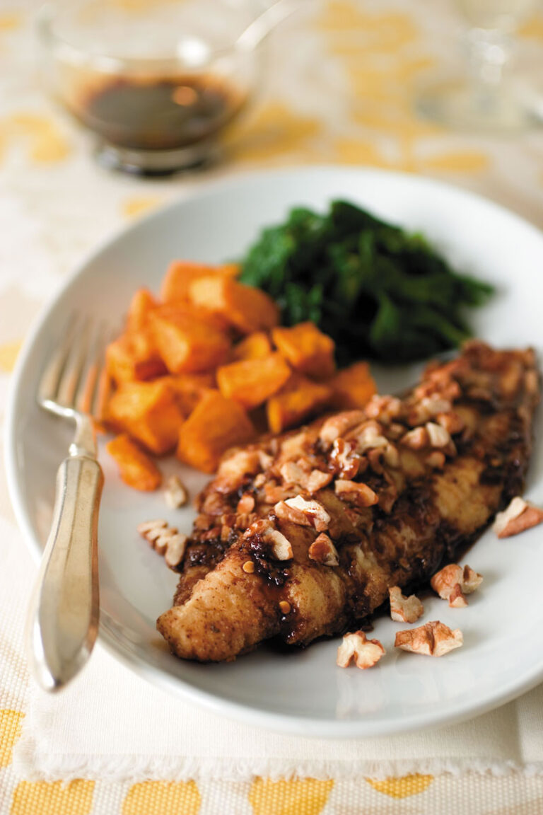 sweet bourbon catfish with sweet potatoes and greens