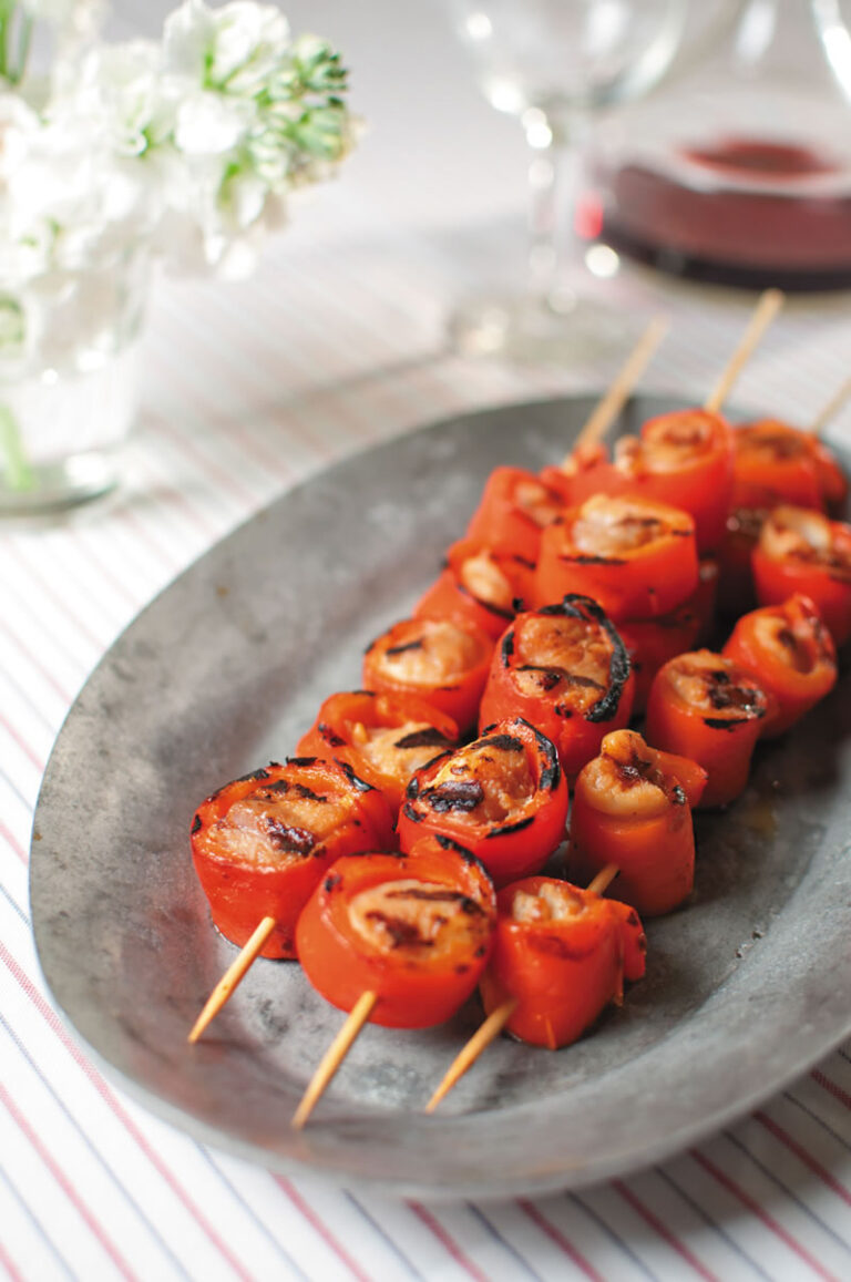 catfish wrapped in red bell pepper skewers
