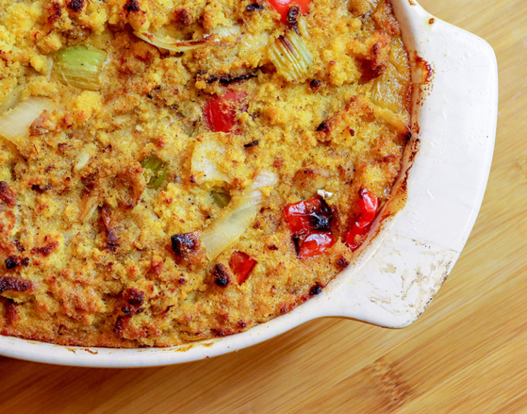 Catfish cornbread dressing prepared as a Thanksgiving side dish