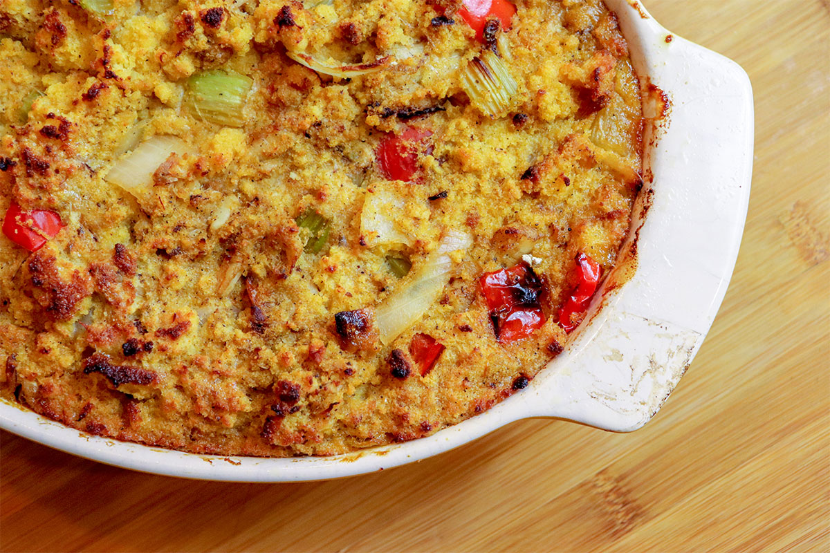 Catfish cornbread dressing prepared as a Thanksgiving side dish
