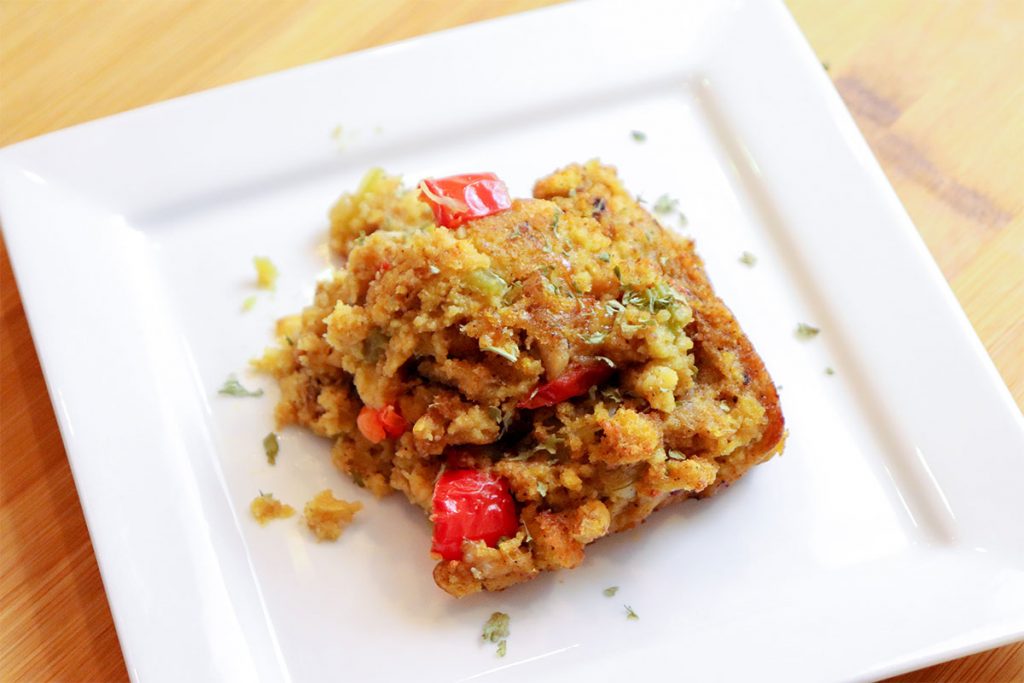 plated serving of catfish cornbread dressing