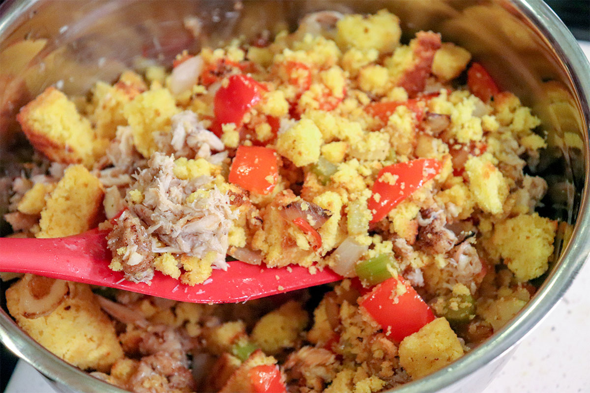 stirring catfish cornbread dressing