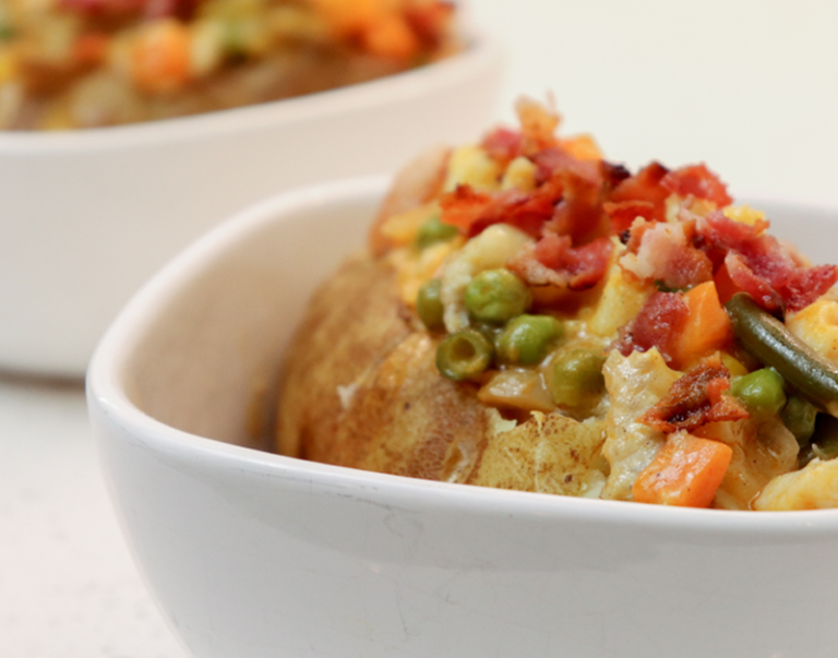 catfish stuffed baked potato in bowl