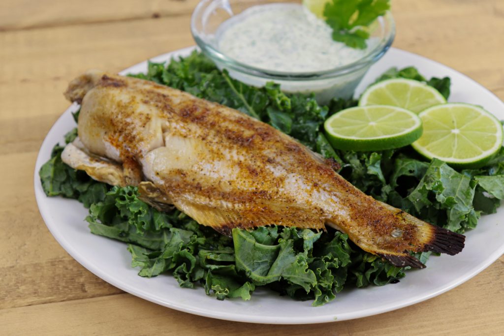 Grilled Catfish on a plate with limes and sauce