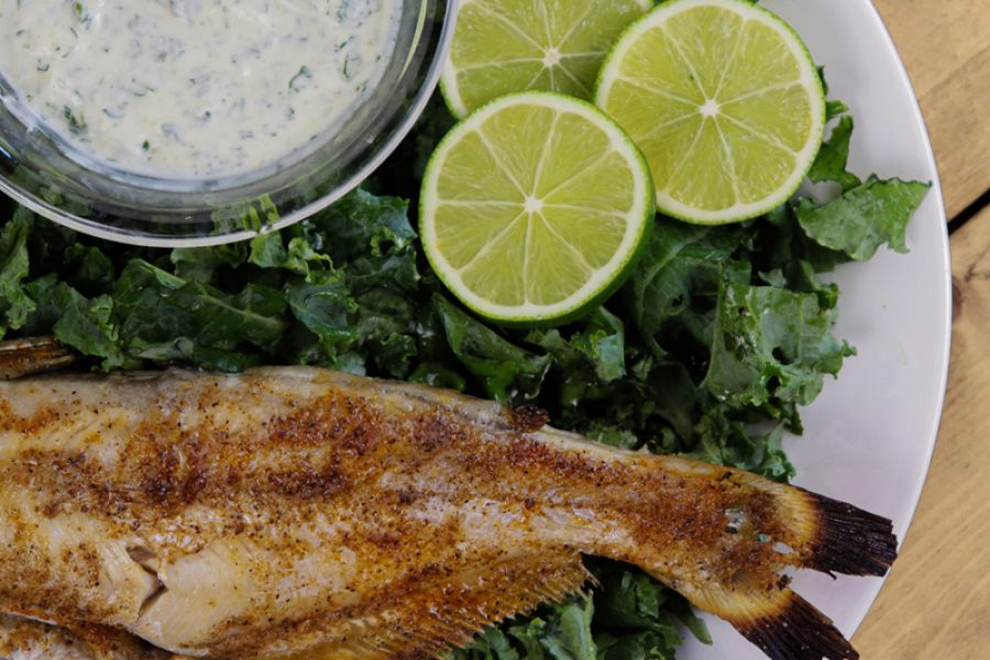 Cedar Plank Grilled Catfish with Cilantro Lime Sauce