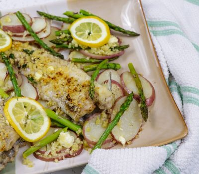 Baked catfish with red potatoes and asparagus