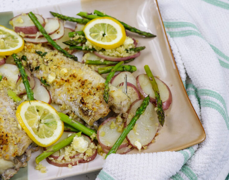 Baked catfish with red potatoes and asparagus