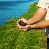 Farmer holding catfish feed near pond