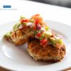 Catfish Cakes topped with salsa on plate
