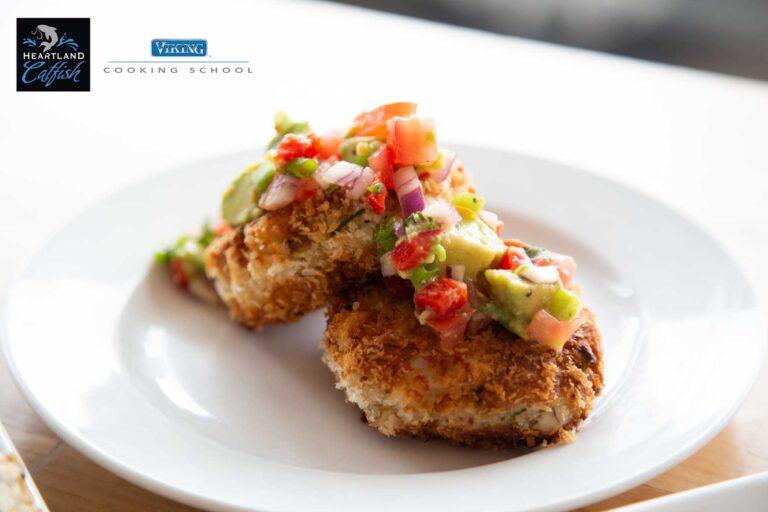 Catfish Cakes topped with salsa on plate