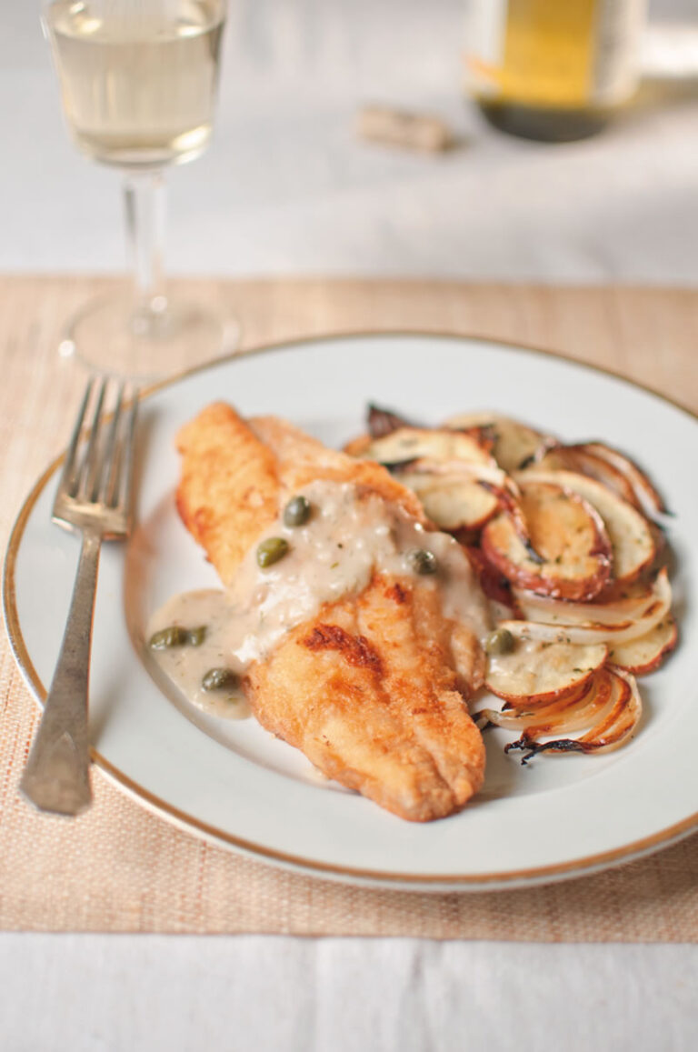 Catfish topped with Caper Sauce with scalloped potatoes