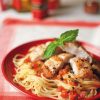 Lemon catfish pasta in red dish