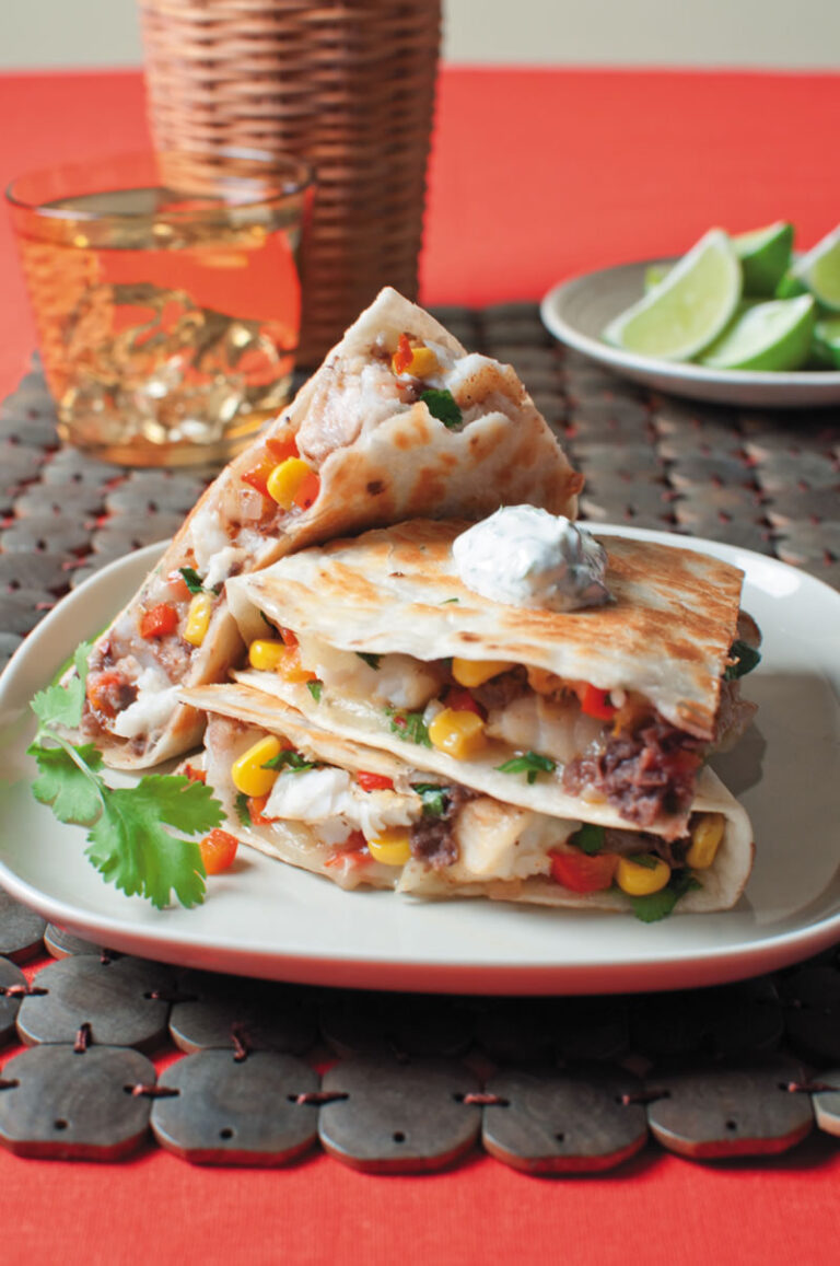 Catfish Quesadillas filled with pico de gallo and corn