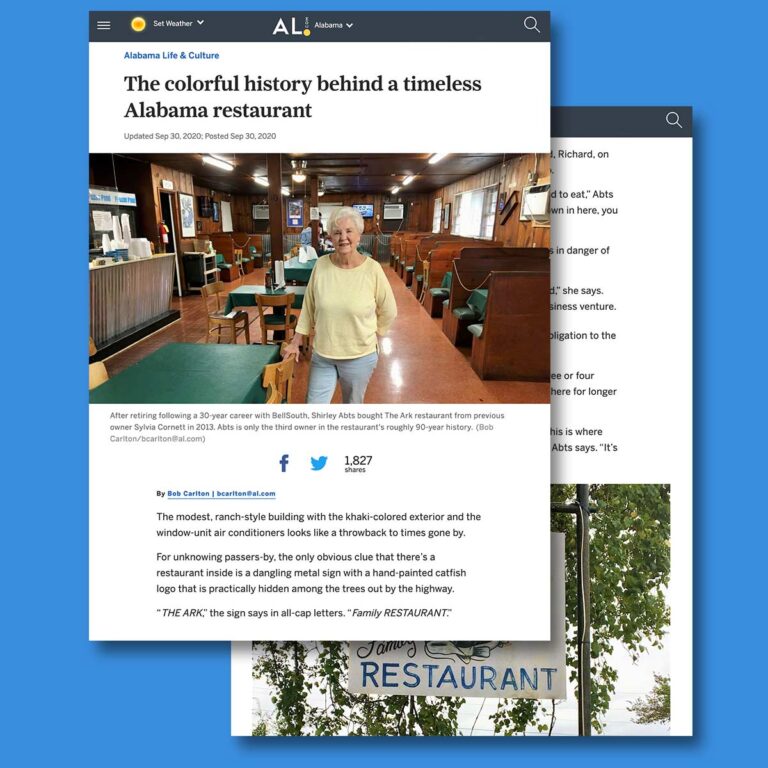 Screenshot of an AL.com article titled "The colorful history behind a timeless Alabama restaurant," updated and posted Sep 30, 2020, showing a woman standing inside a restaurant dining room and a hand-painted sign reading "Family Restaurant."