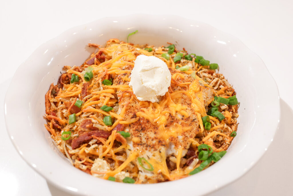 Baked catfish casserole with bacon and potatoes