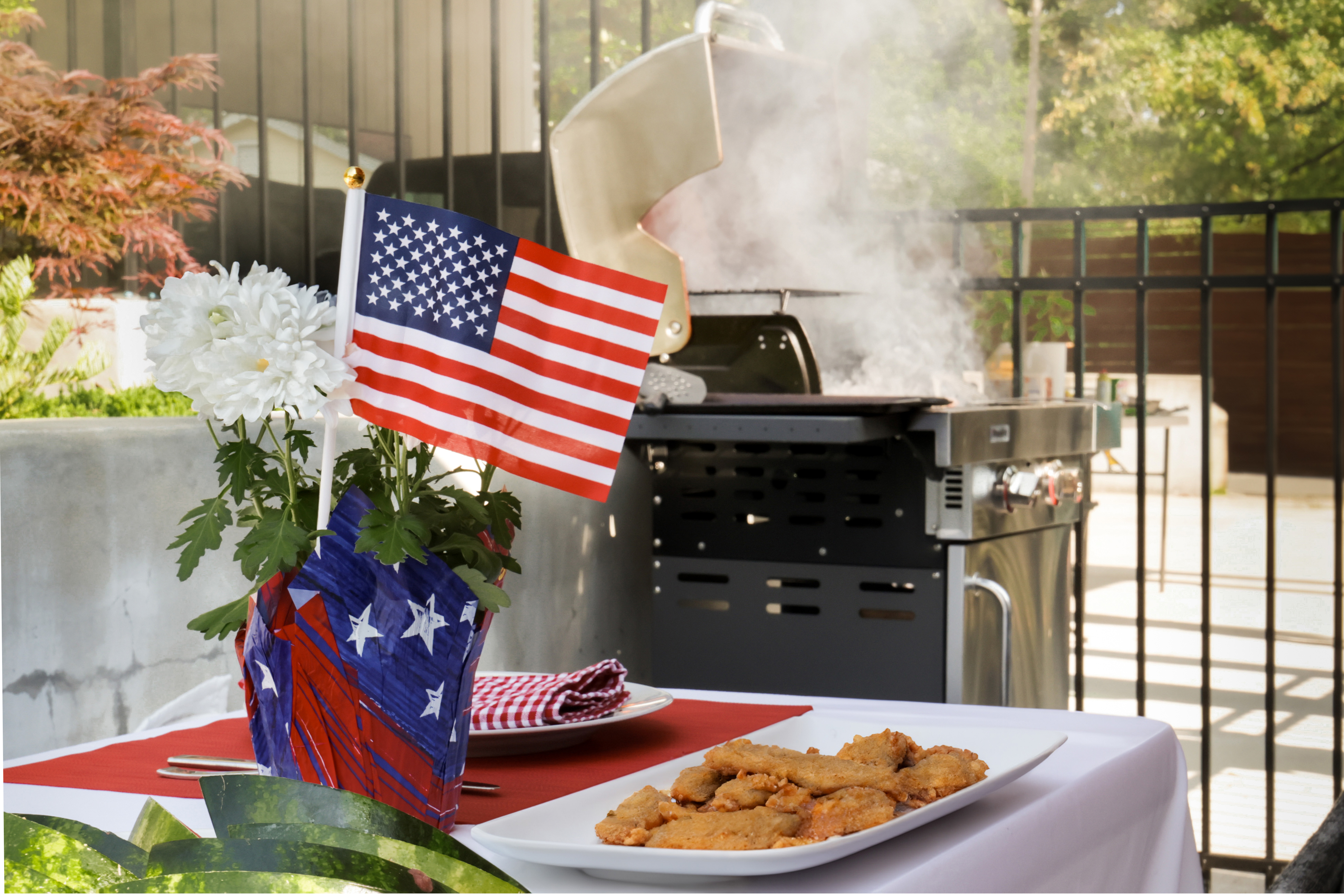 Catfish fish fry with American flag on table with various patriotic decorations