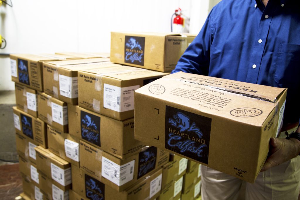 Heartland Catfish packaging cardboard boxes.