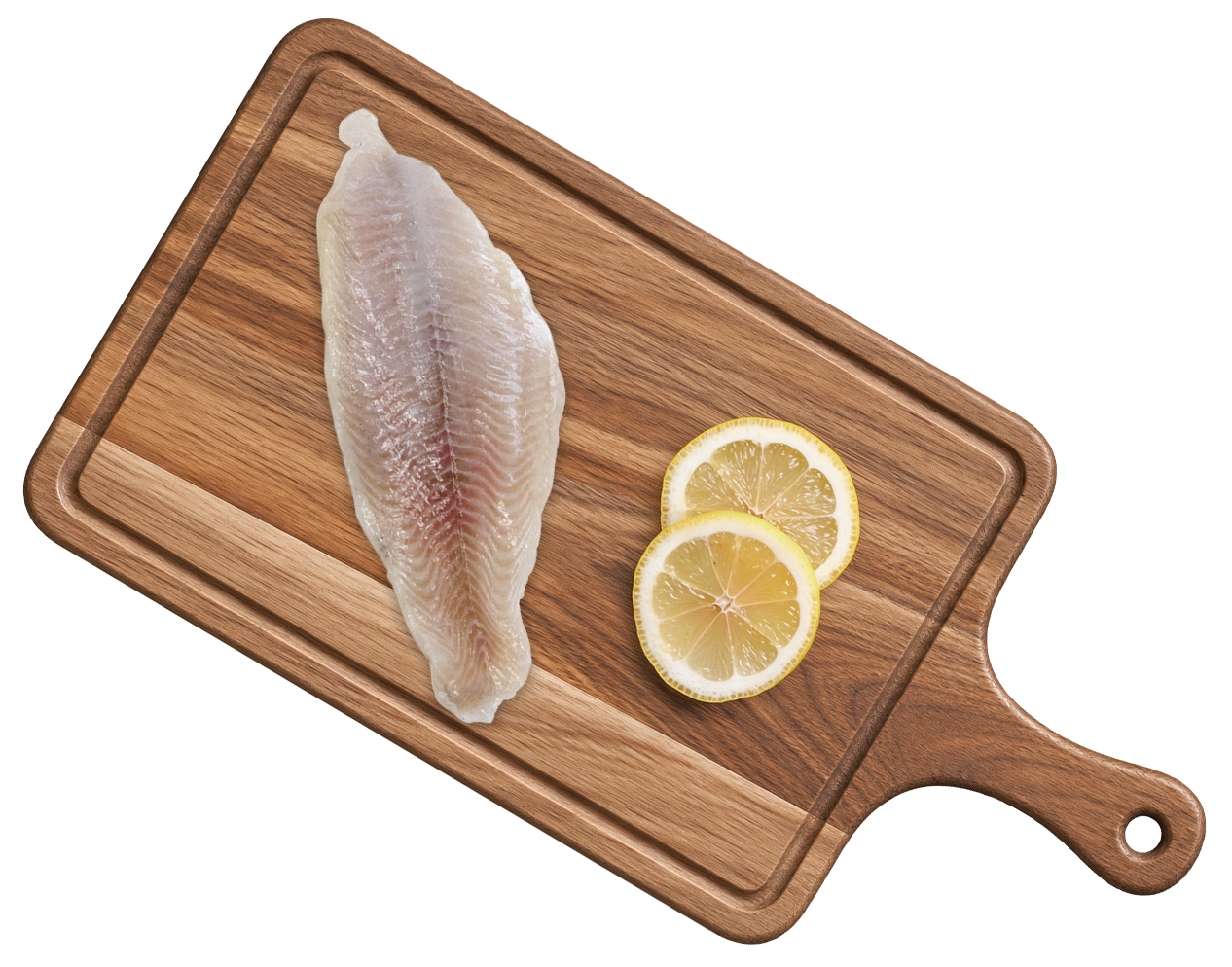 Catfish fillet on a cuttingboard.