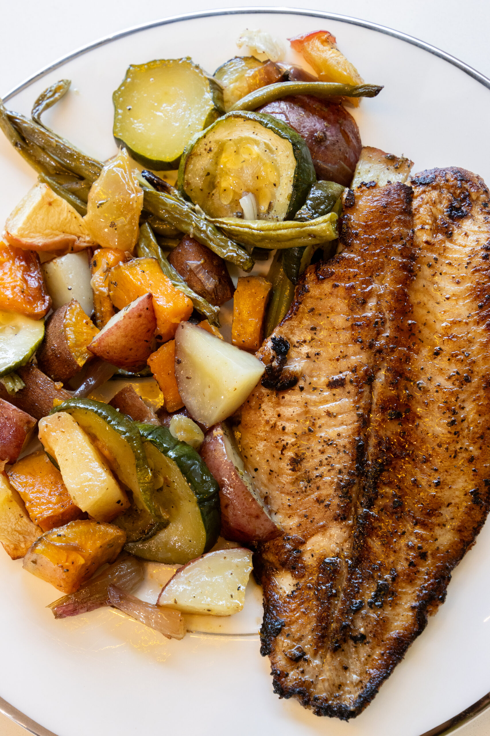 Grilled catfish fillet served with a medley of roasted vegetables including zucchini, potatoes, green beans, and squash.